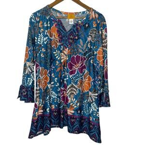 Floral V-Neck Women's Top - Blue and Orange